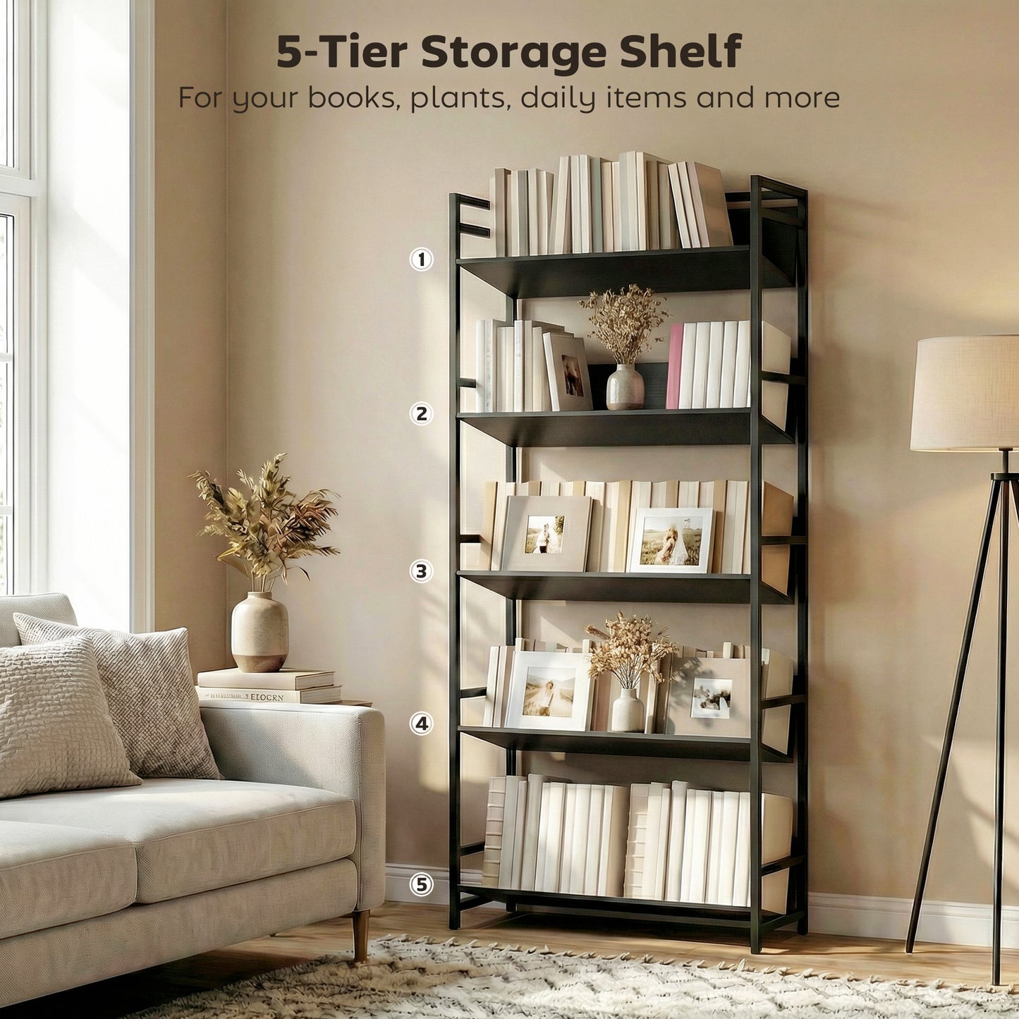 Bookshelf Anti-Slip Design 5-Tier Black