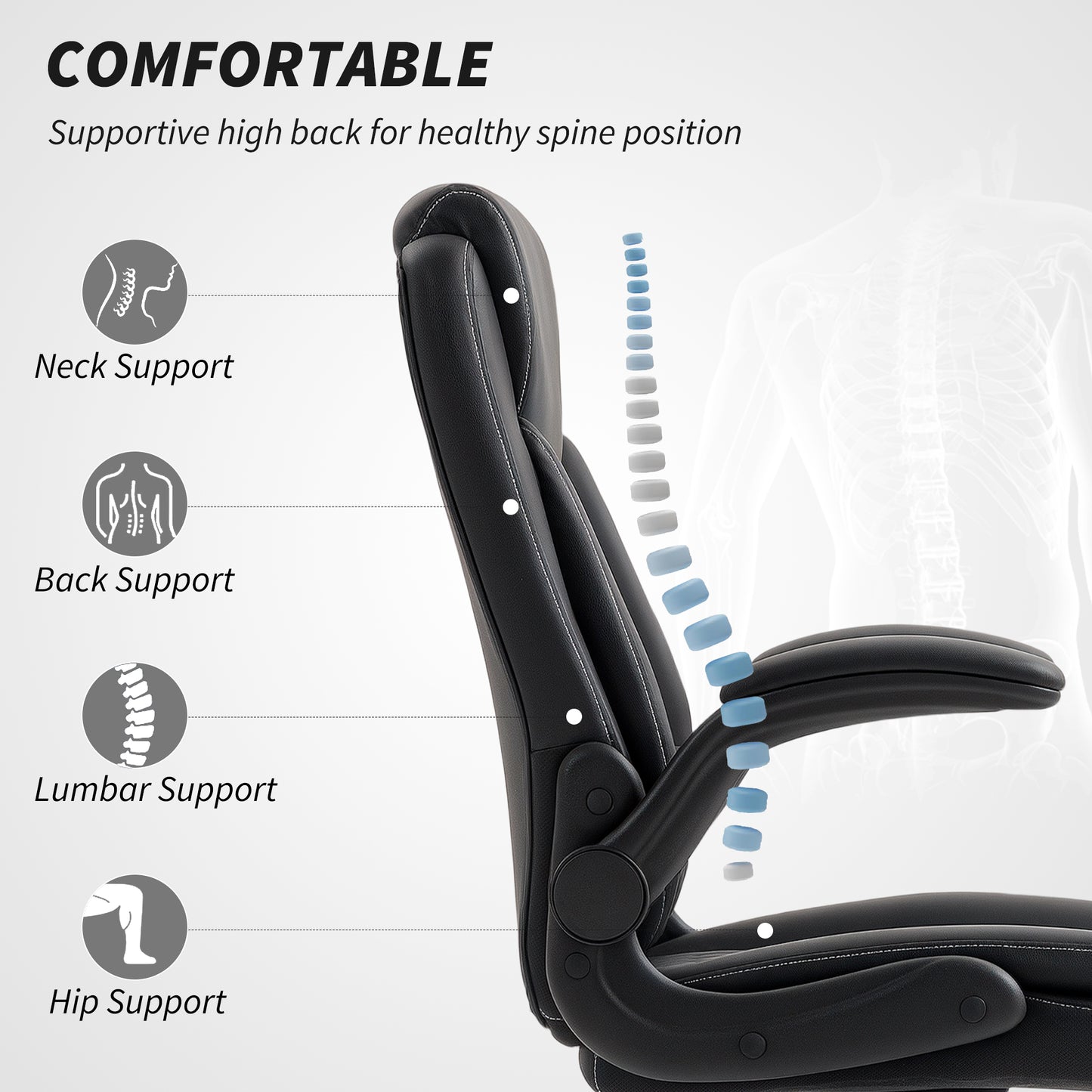 PU Leather Office Desk Chair with Thick Cushion, Black