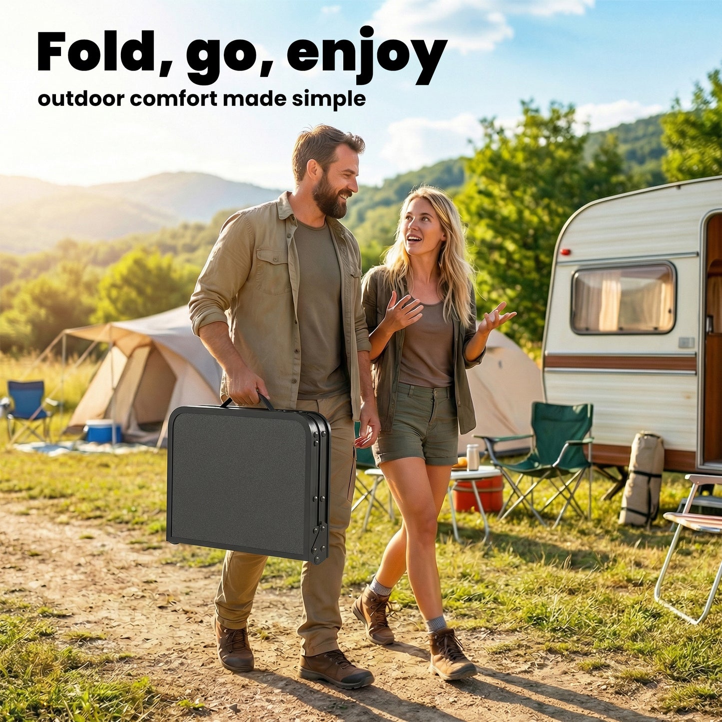 2ft Folding Camping Table, Picnic Table with Storage Layer, Black