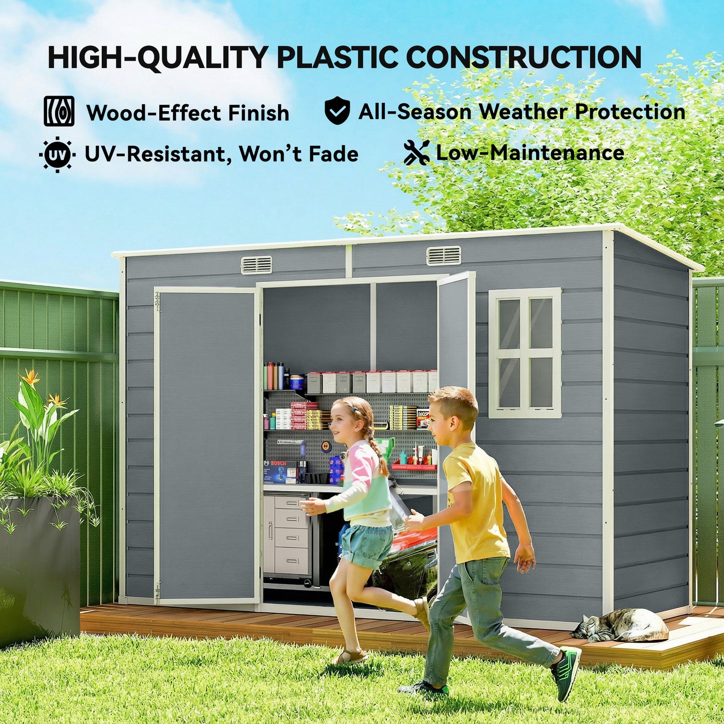 10 x 4 ft Plastic Garden Shed with Floor, Lockable Doors, Grey