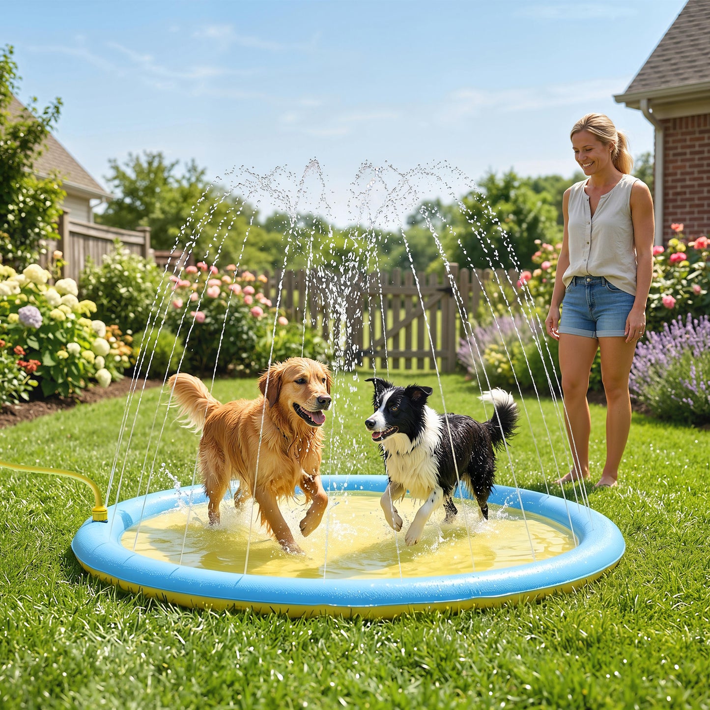 Dog Splash Pad, Pet Sprinkler Mat, Non-Slip Dog Paddling Pool, Foldable Outdoor Sprinkler and Splash Mat Water Play for Garden, Patio, Summer Fun, 170 cm, Yellow