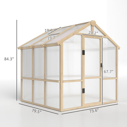 6.6 x 6ft Wooden Polycarbonate Greenhouse with Lockable Door, Brown