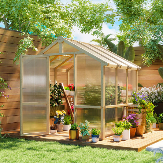 6.6 x 6ft Wooden Polycarbonate Greenhouse with Lockable Door, Brown