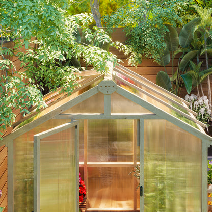6.6 x 6ft Wooden Polycarbonate Greenhouse with Lockable Door, Brown