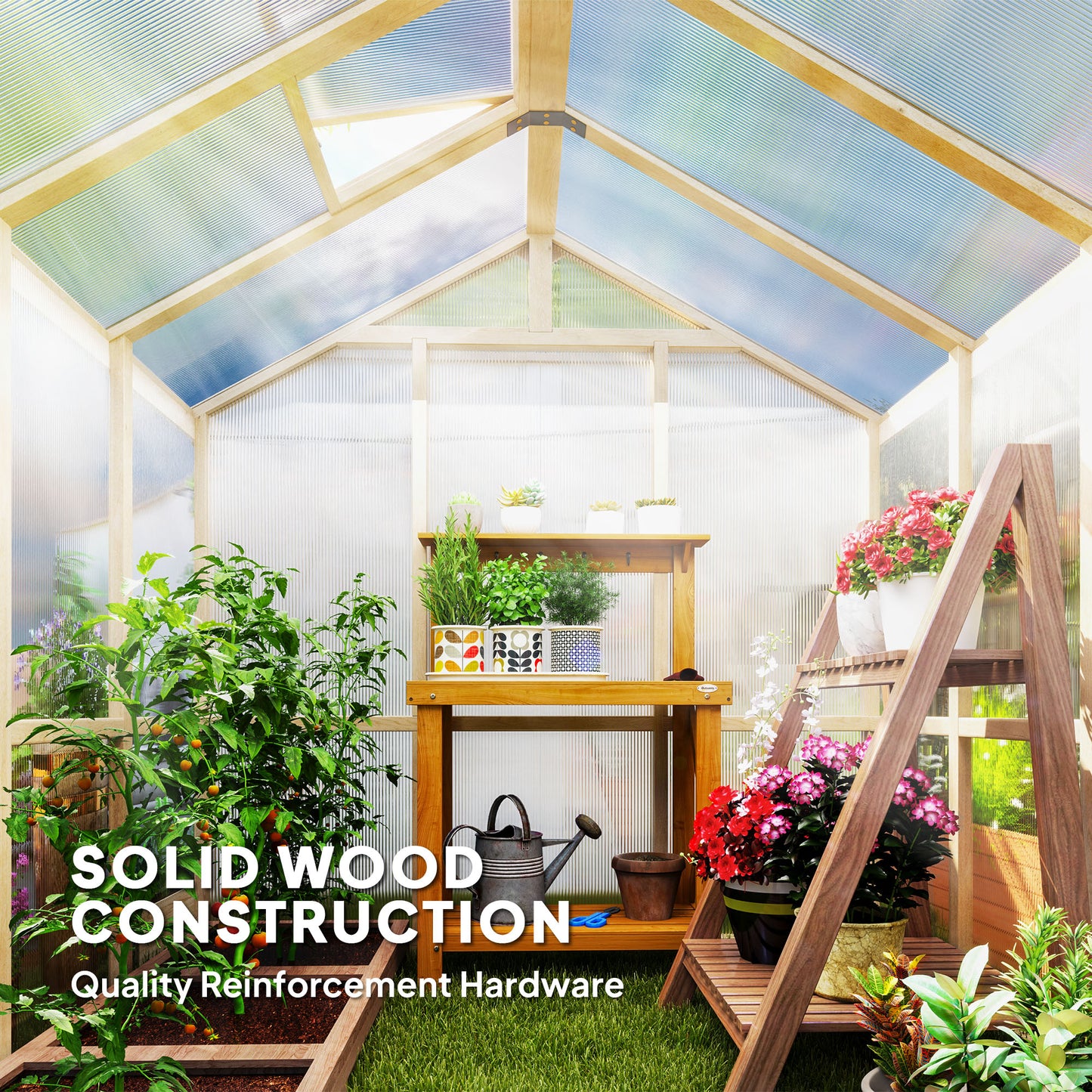 6.6 x 6ft Wooden Polycarbonate Greenhouse with Lockable Door, Brown