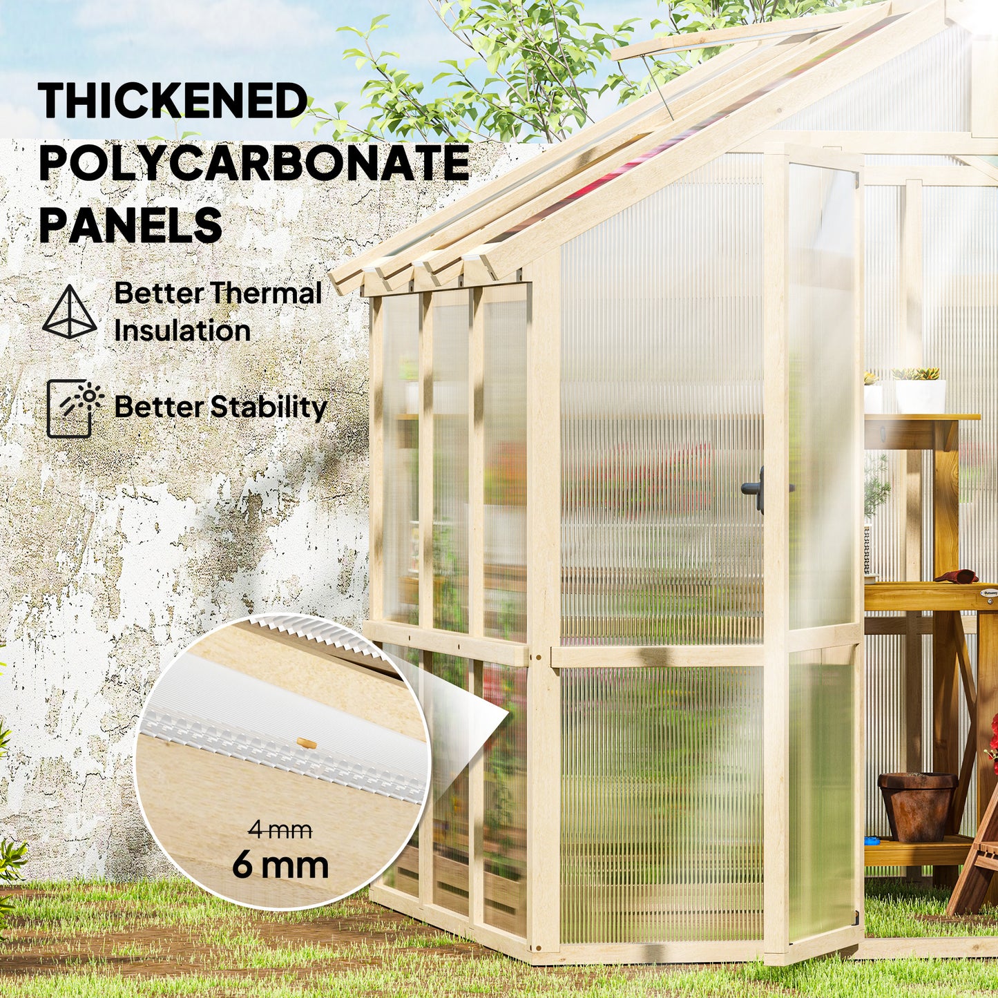 6.6 x 6ft Wooden Polycarbonate Greenhouse with Lockable Door, Brown