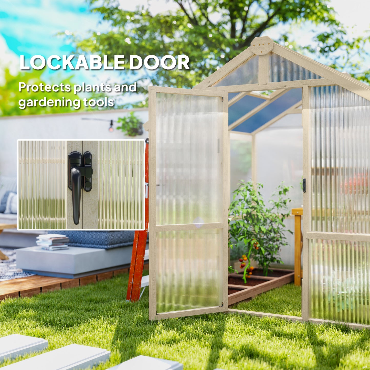 6.6 x 6ft Wooden Polycarbonate Greenhouse with Lockable Door, Brown