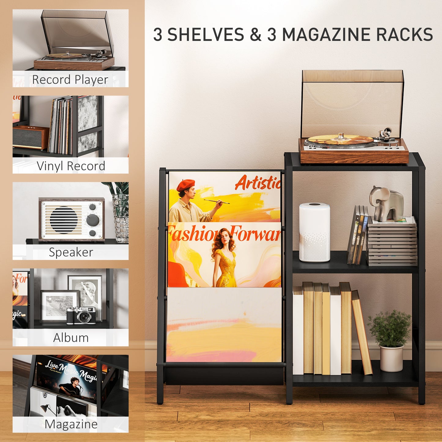 Record Player Stand, 3-Tier Side Table with Vinyl Record Storage