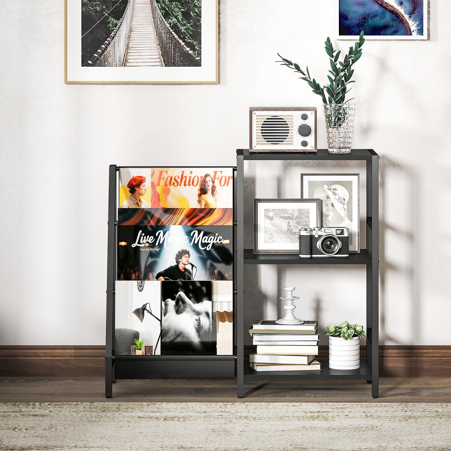 Record Player Stand, 3-Tier Side Table with Vinyl Record Storage