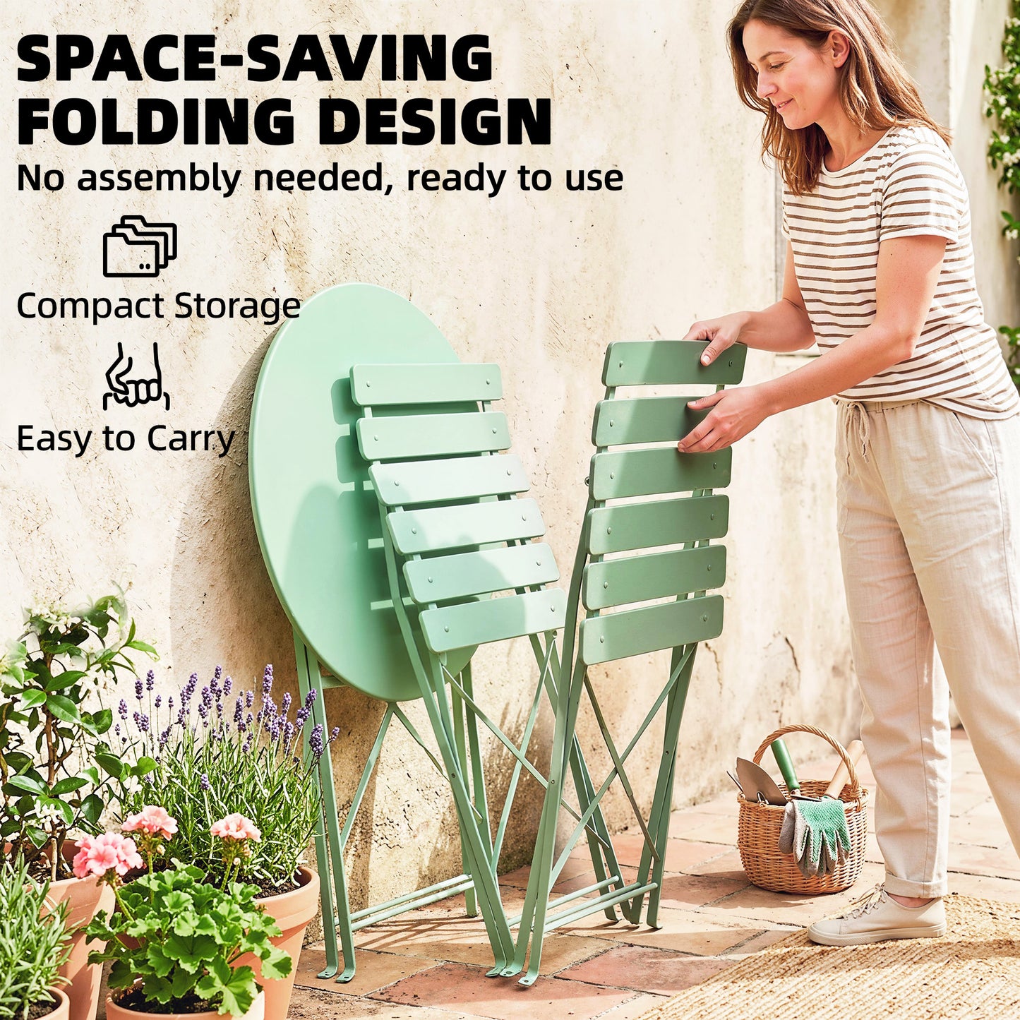 Folding Bistro Set with Round Garden Table and Chairs, Light Green