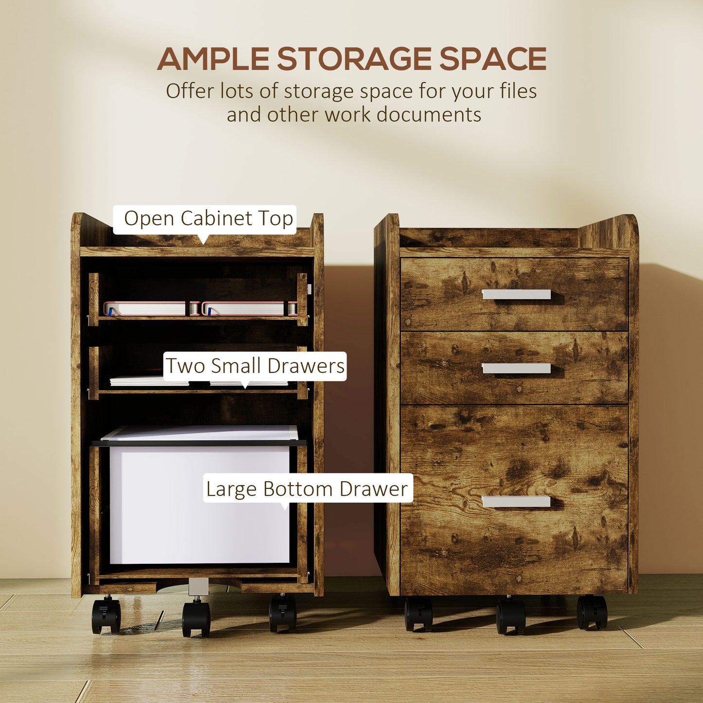Mobile Filing Cabinet, File Cabinet with 3 Drawers, Rustic Brown