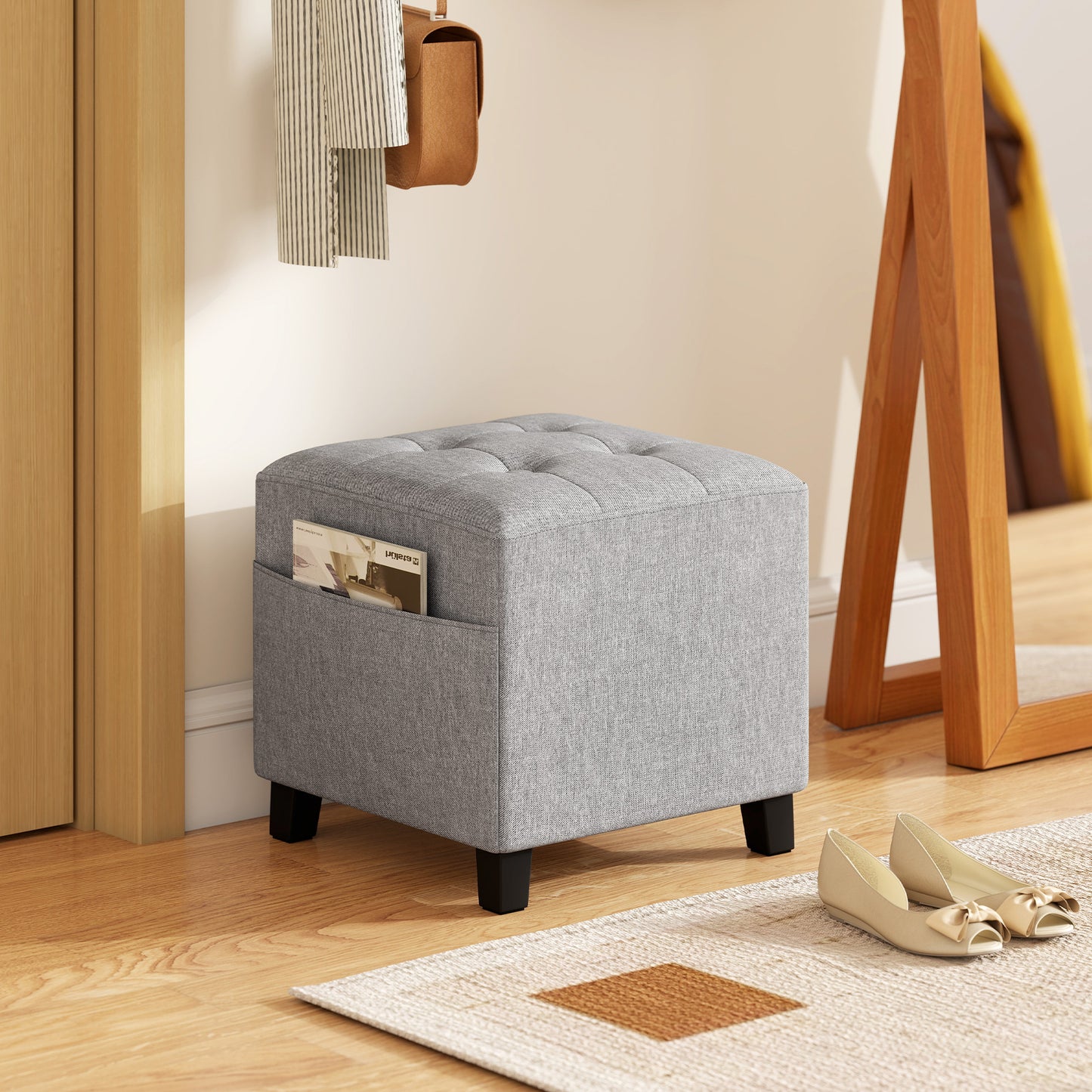 Small Footstool Square Ottoman with Padded Seat, Light Grey