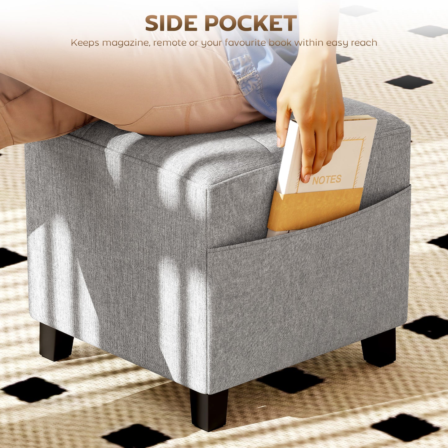 Small Footstool Square Ottoman with Padded Seat, Light Grey