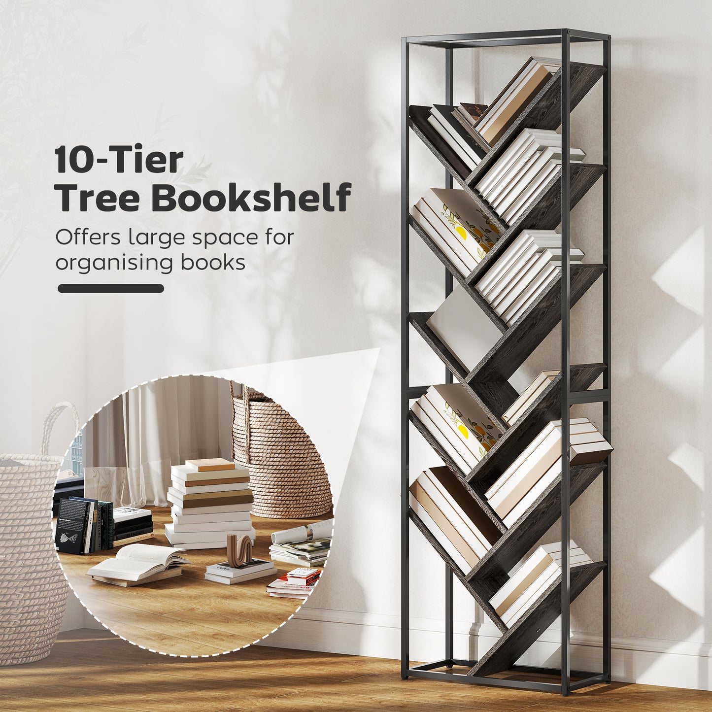 10 Tier Tree Bookshelf Industrial Tall Bookcase Grey Black