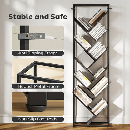 10 Tier Tree Bookshelf Industrial Tall Bookcase Grey Black