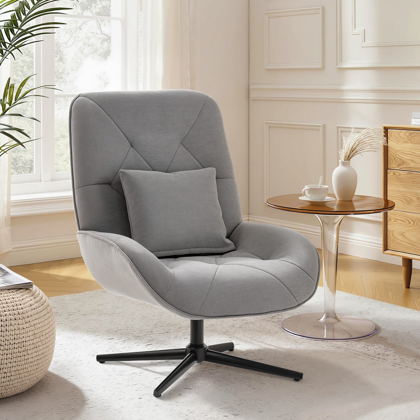Swivel Accent Chair, Chenille Armchair with Lumbar Pillow, Light Grey