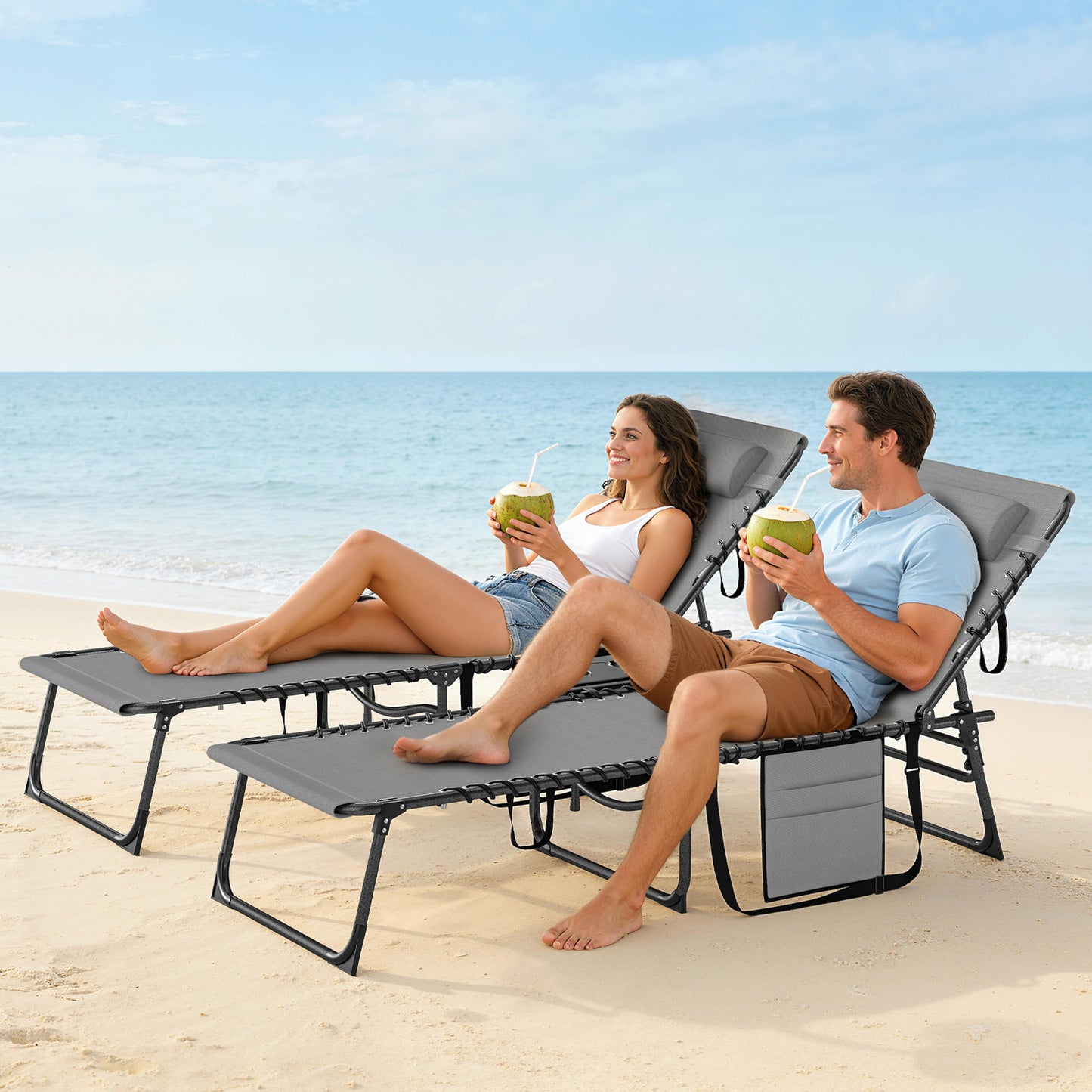 Folding Sun Loungers with 5-Level Back, Cup Holder, Grey