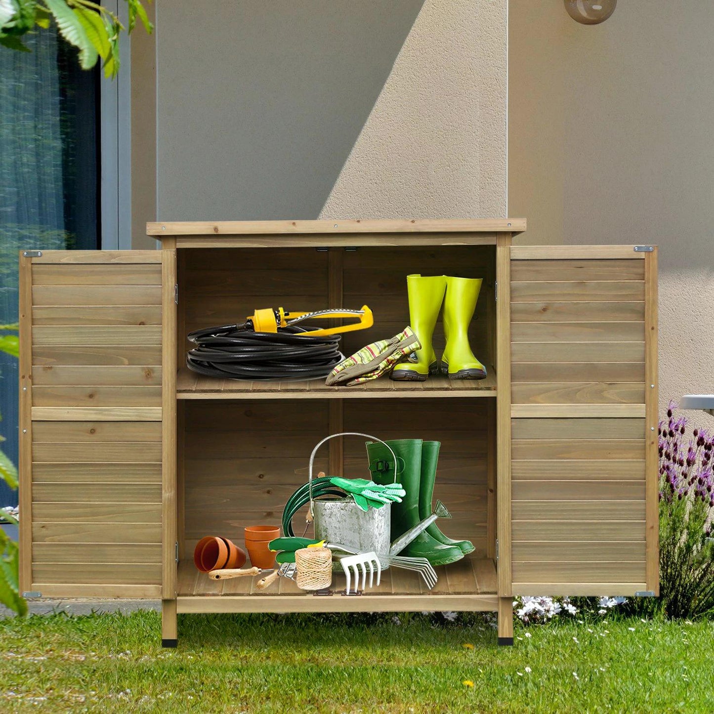 Outsunny Garden Shed Wooden Garden Storage Shed 2 Door Unit Solid Fir Wood Garage Tool Organisation Cabinet, 87L x 46.5W x 96.5Hcm, Natural