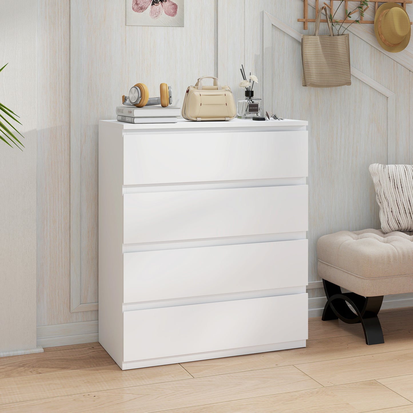 Chest of Drawers, 4-Drawer Storage Organiser Unit for Bedroom, Living Room, 80 x 39 x 95cm, White