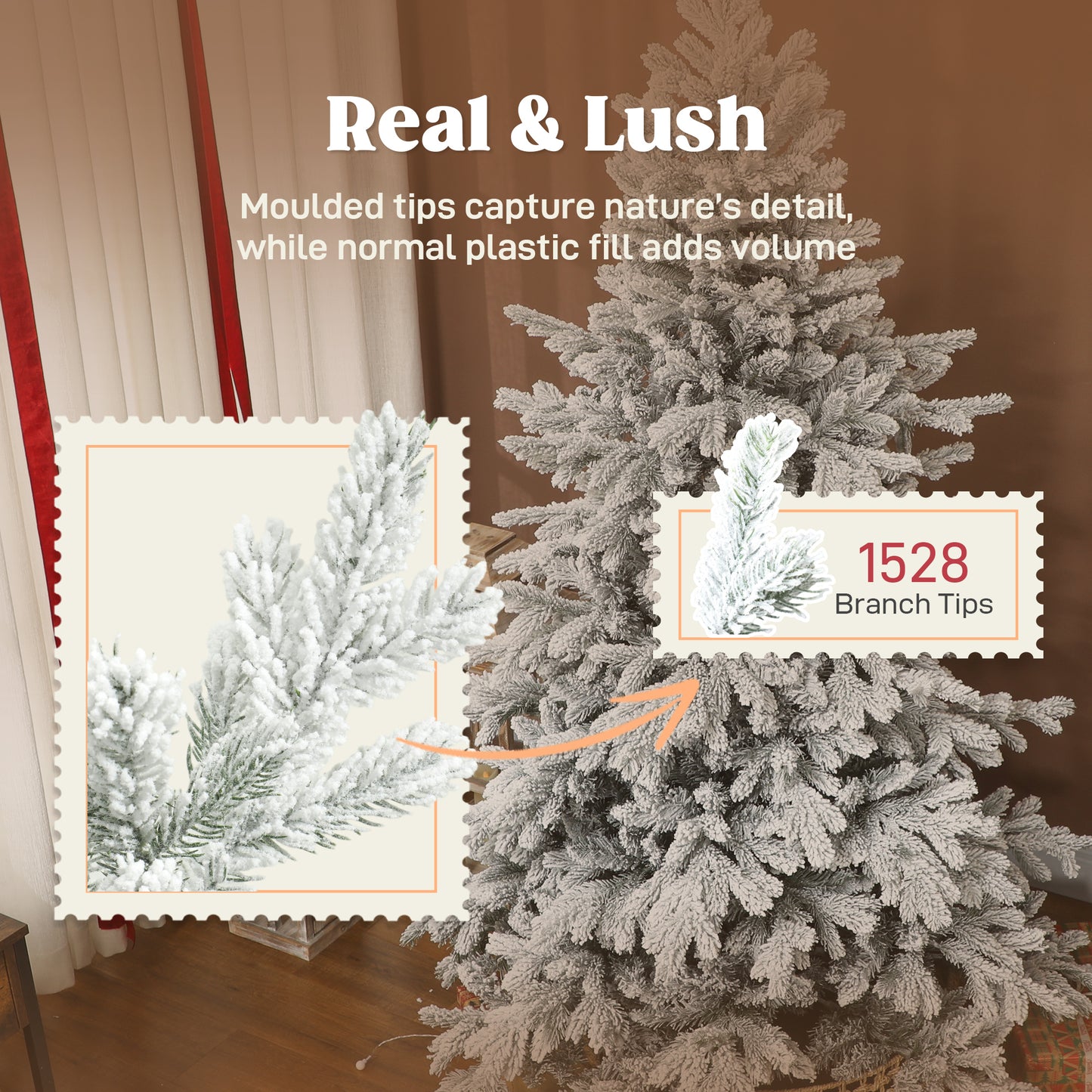 6ft Artificial Christmas Tree with Snow, Hinged Xmas Tree