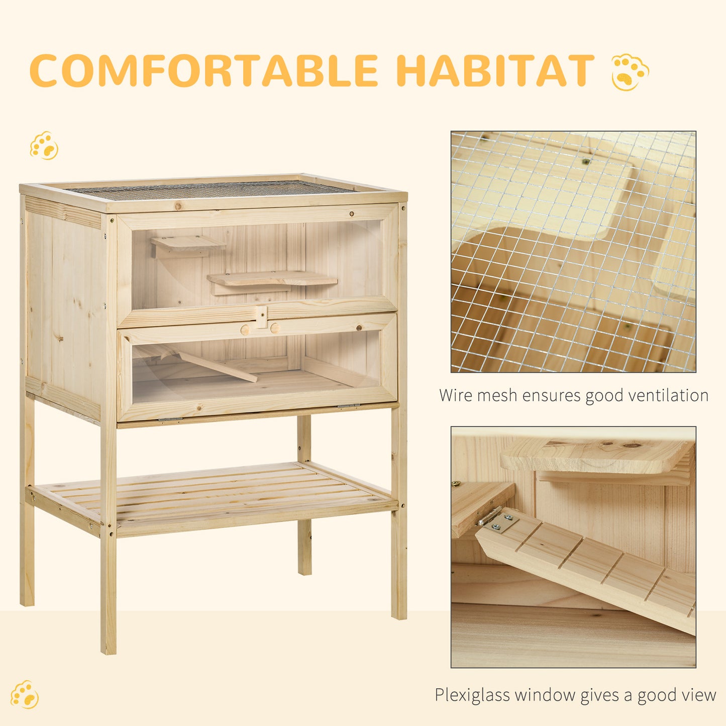 3 Tiers Wooden Hamster Cage Fir Wood Mouse Guinea Rodent Mice House Pet Play Small Animals 60L_40W_80H cm