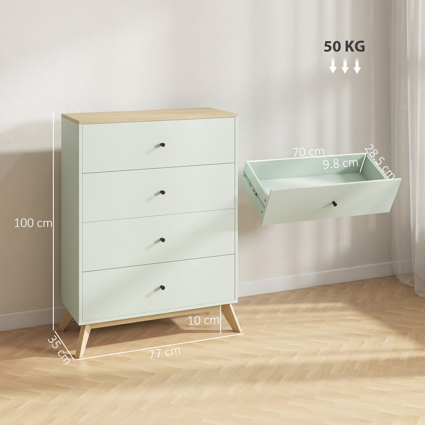 Chest of Drawers, 4 Drawer Storage Cabinet Floor Tower Cupboard for Bedroom Living Room, Light Green and Oak