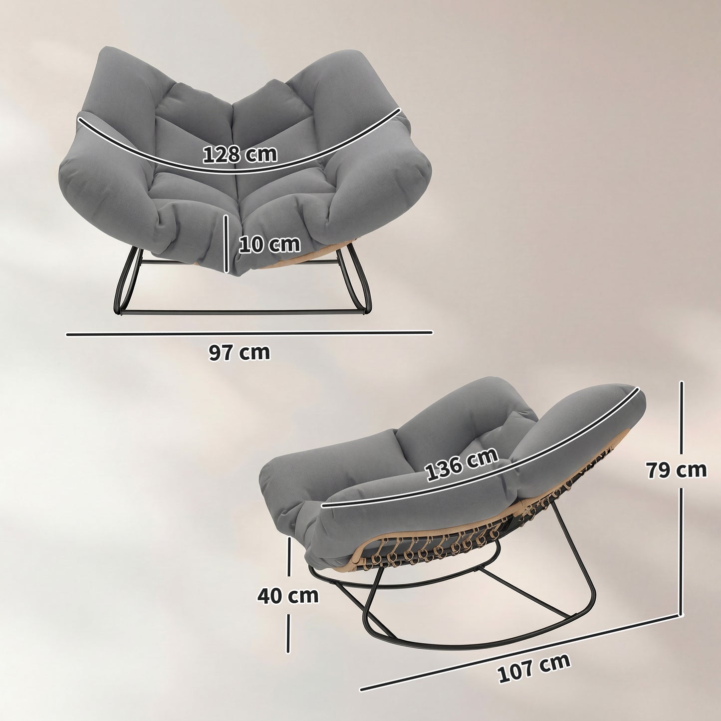 Indoor Outdoor Rocking Chair with Cushion, Grey