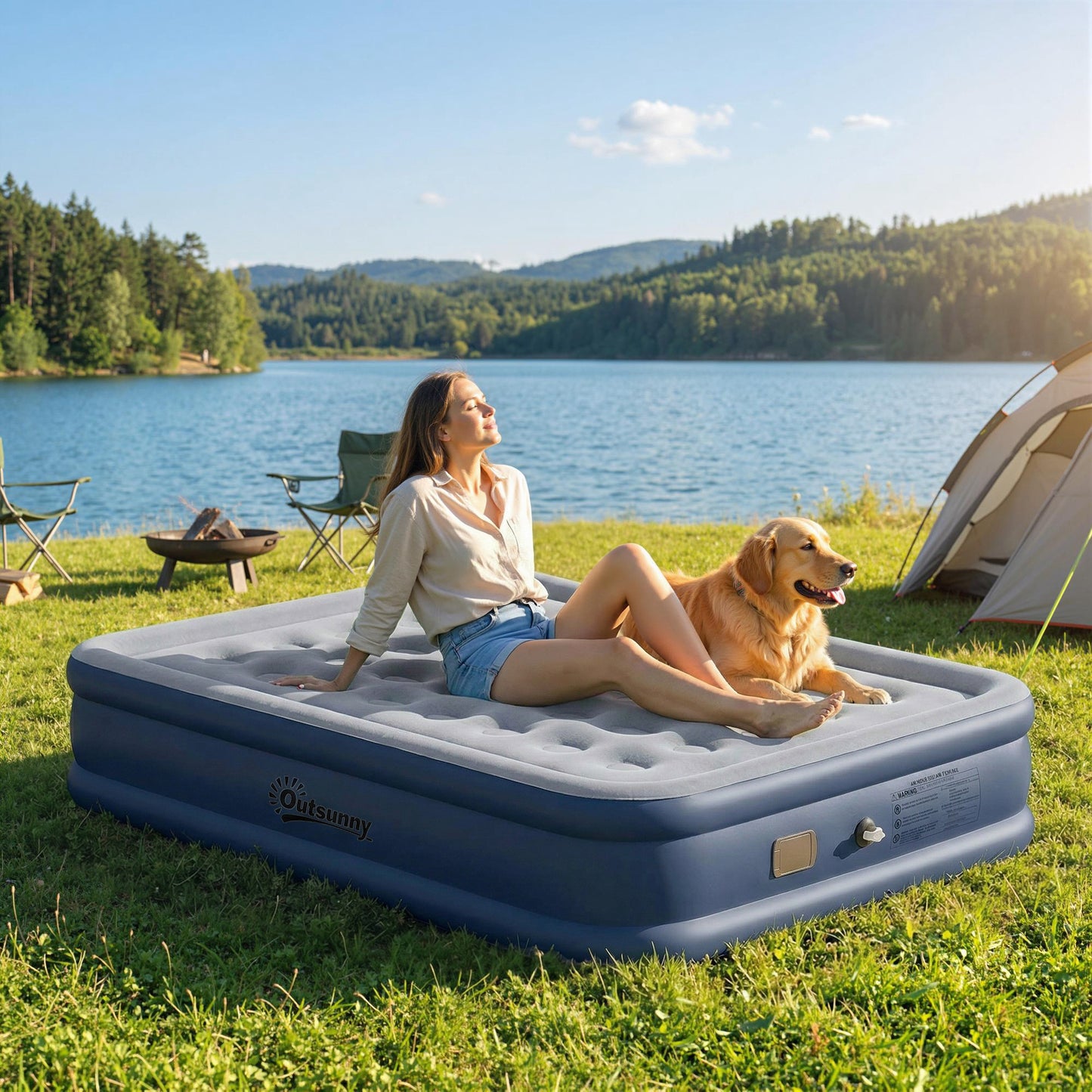 Inflatable Mattress, Double Air Bed with Built-in Pump, Grey