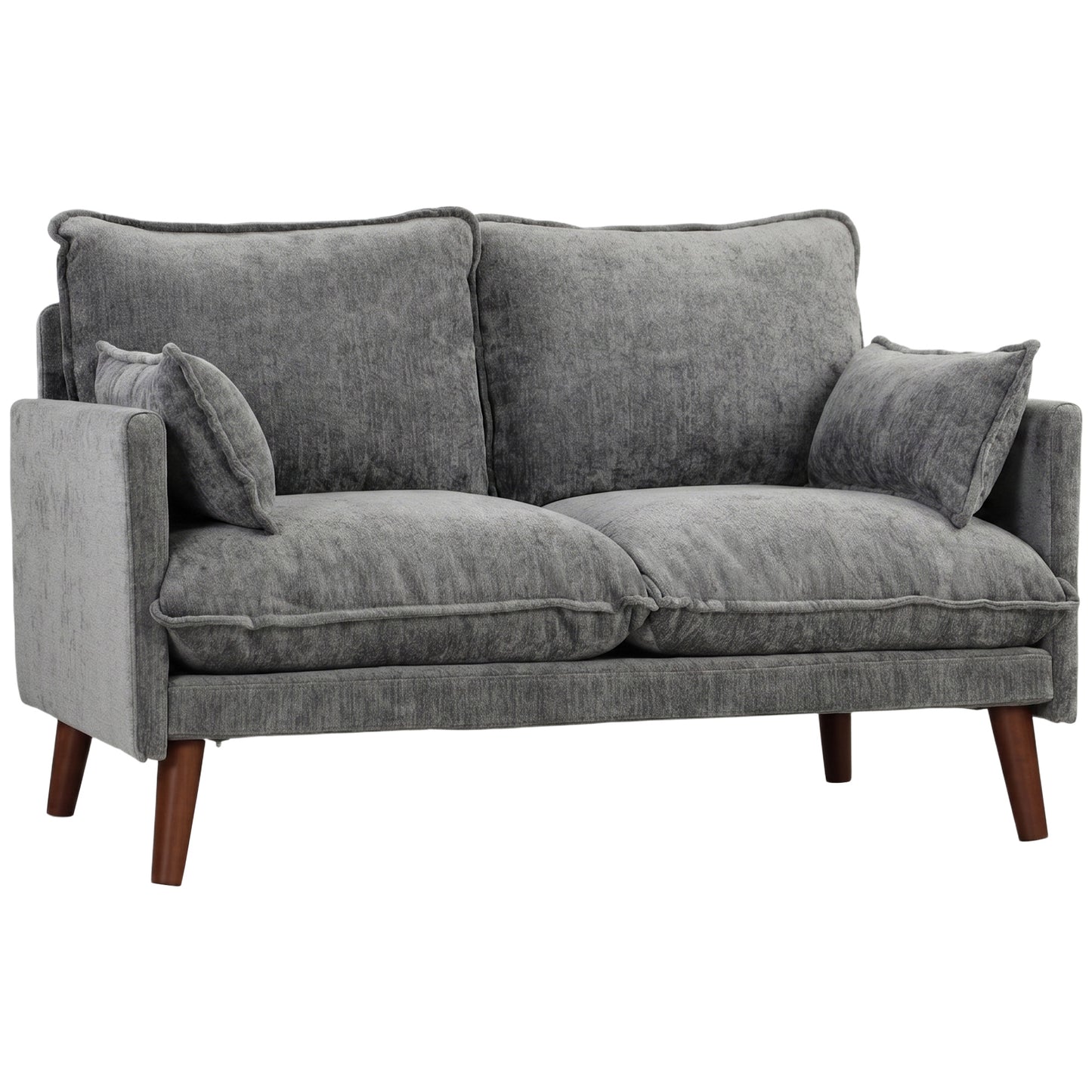 2 Seater Sofa, 131cm Velvet-Feel Fabric Loveseat Sofa with Spring Cushions, Wide and Deep Seat, Wood Legs, 2 Pillows, Modern Couch Settee for Small Space, Living Room, Bedroom, Office, Grey