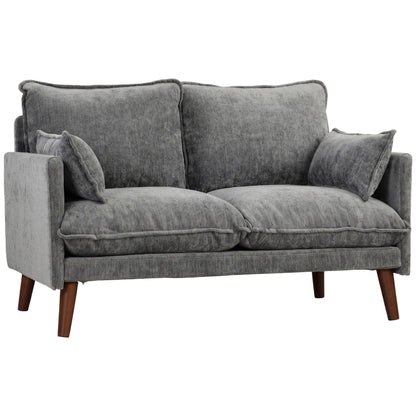 2 Seater Sofa, 131cm Velvet-Feel Fabric Loveseat Sofa with Spring Cushions, Wide and Deep Seat, Wood Legs, 2 Pillows, Modern Couch Settee for Small Space, Living Room, Bedroom, Office, Grey