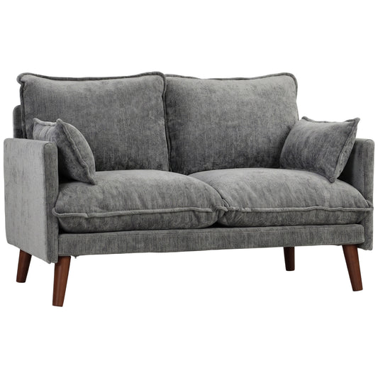 2 Seater Sofa, 131cm Velvet-Feel Fabric Loveseat Sofa with Spring Cushions, Wide and Deep Seat, Wood Legs, 2 Pillows, Modern Couch Settee for Small Space, Living Room, Bedroom, Office, Grey
