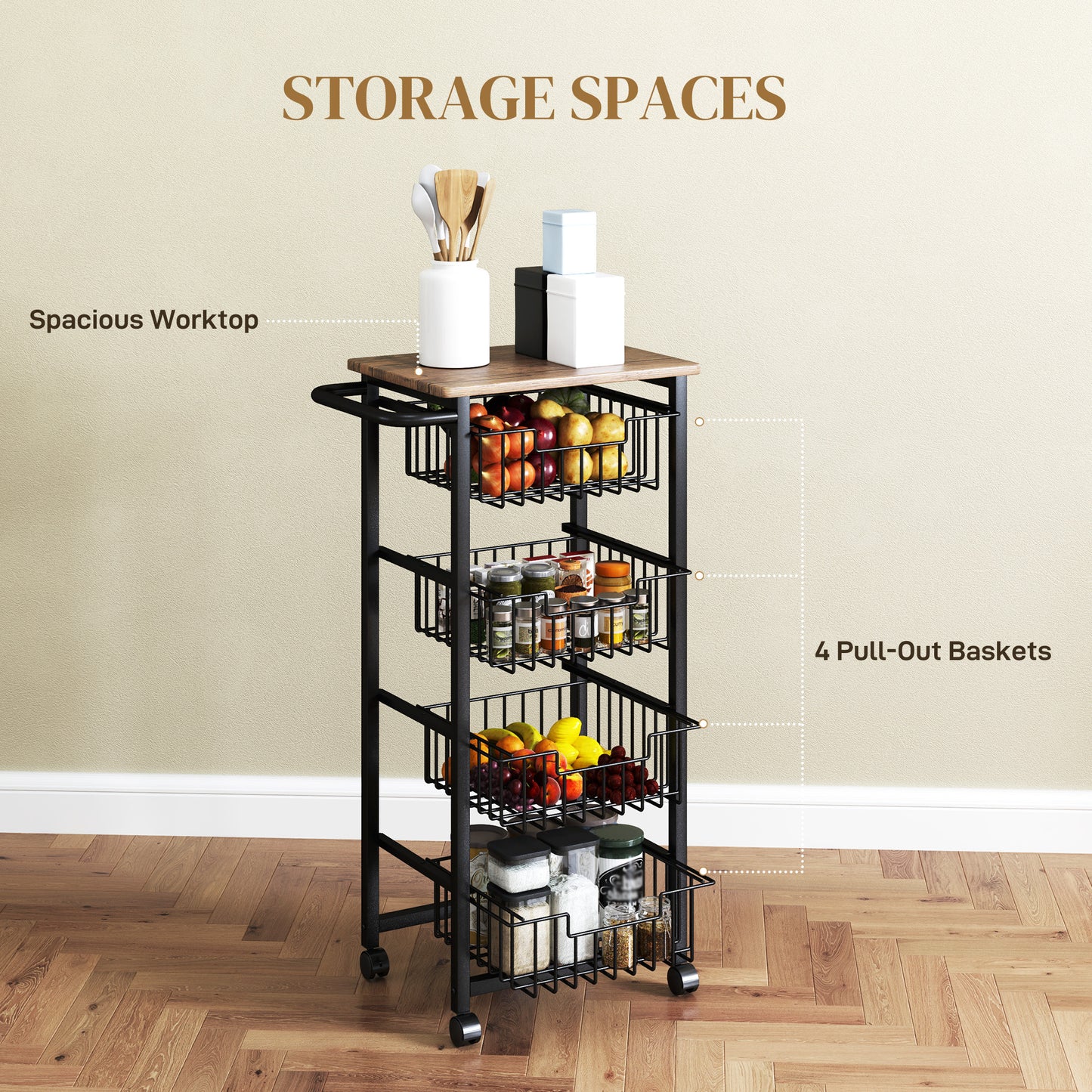 4-Tier Kitchen Island on Wheels with 4 Pull-Out Baskets, Oak