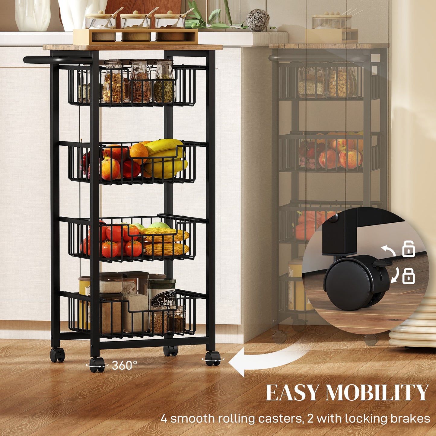 4-Tier Kitchen Island on Wheels with 4 Pull-Out Baskets, Oak
