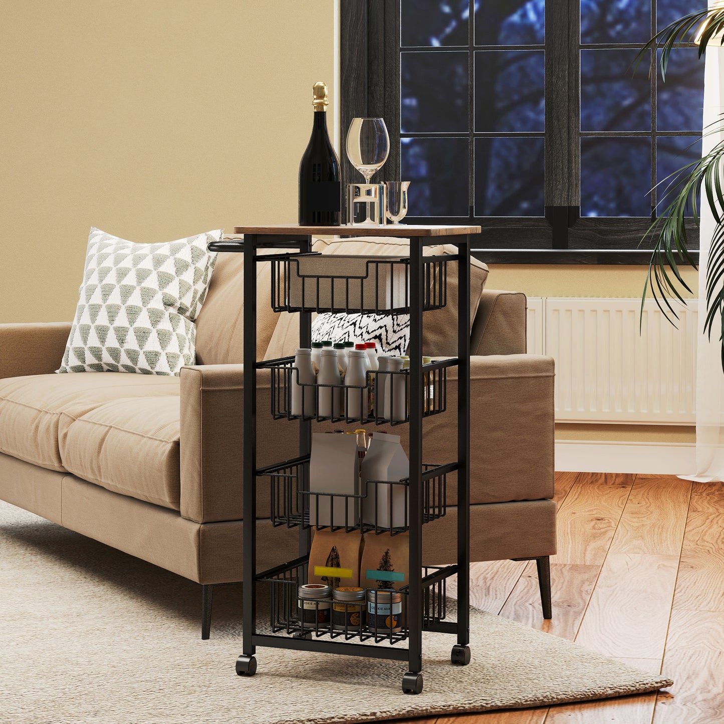 4-Tier Kitchen Island on Wheels with 4 Pull-Out Baskets, Oak