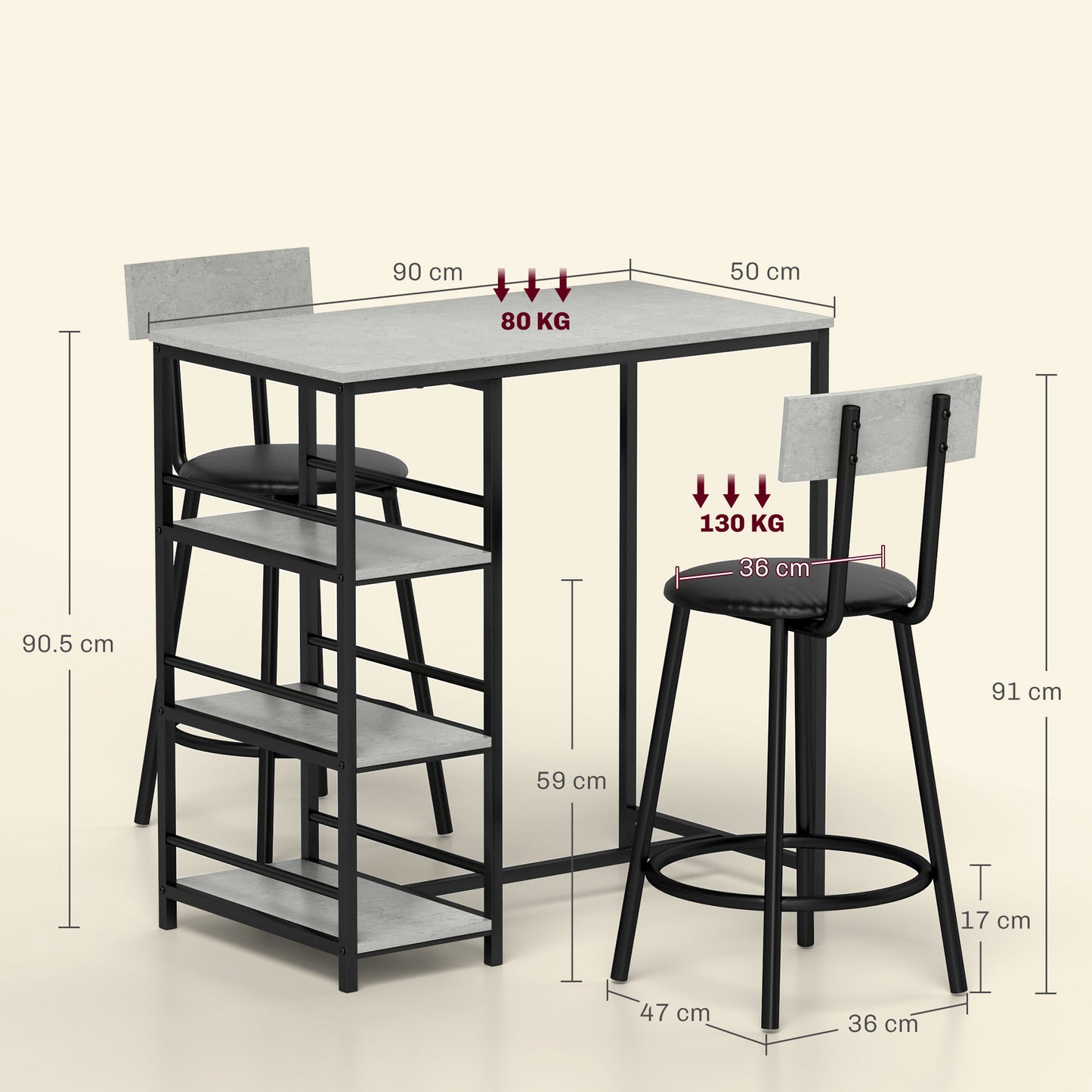 3 Piece Breakfast Bar Table Set with Storage Shelves, Light Grey