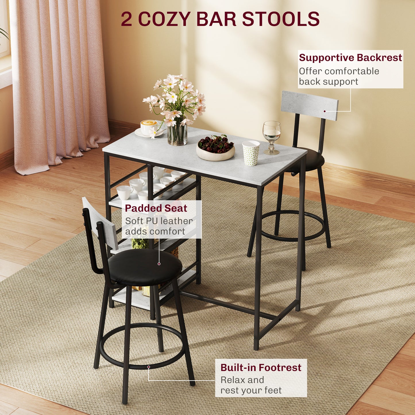 3 Piece Breakfast Bar Table Set with Storage Shelves, Light Grey