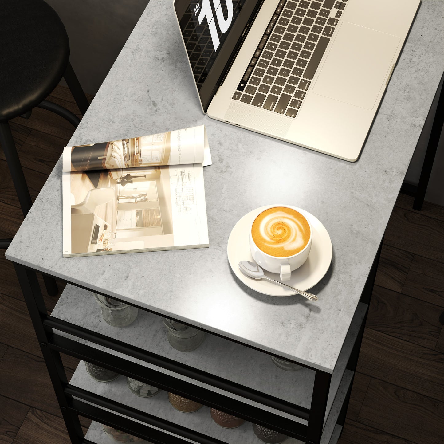 3 Piece Breakfast Bar Table Set with Storage Shelves, Light Grey