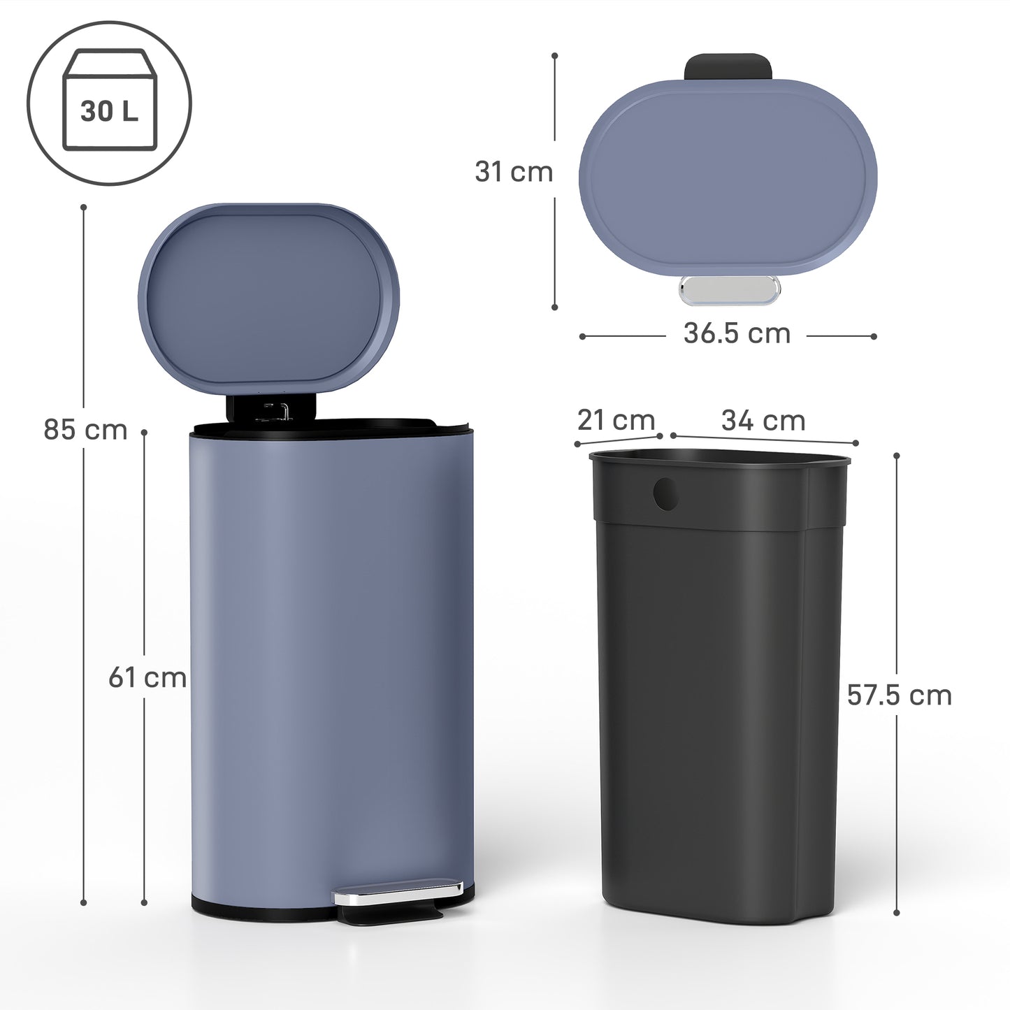 Slim Rectangular Pedal Bin with Soft-Close Lid, 30L Kitchen Bin, Grey