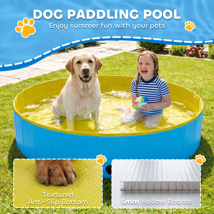 Foldable Dog Pool for Puppies and Ducks, Thickened PVC Dog Paddling Pool Bath Tub Hard Board, Anti-Slip Bottom and Hose Adapter for Easy Drainage, 160 x 30cm, Blue and Yellow