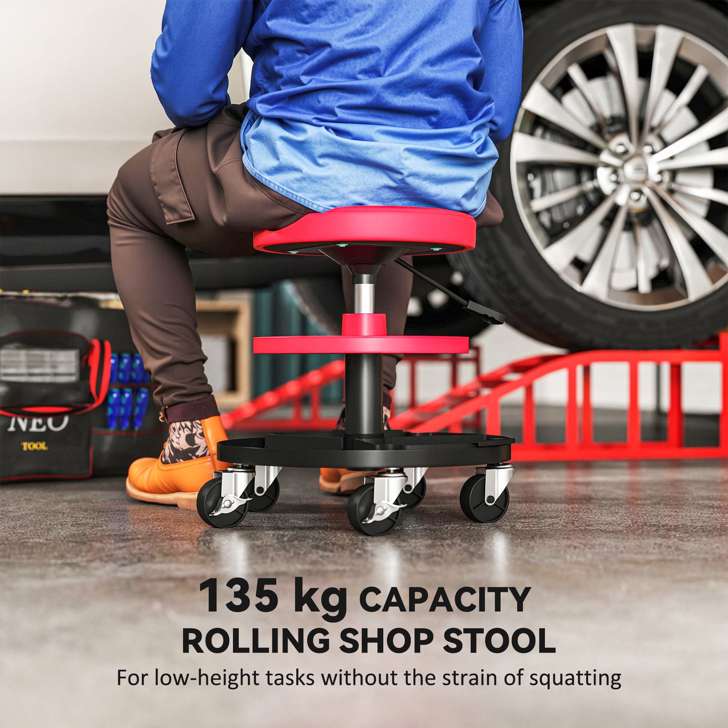 Rolling Mechanic Stool, 135kg Capacity Workshop Stool, Red