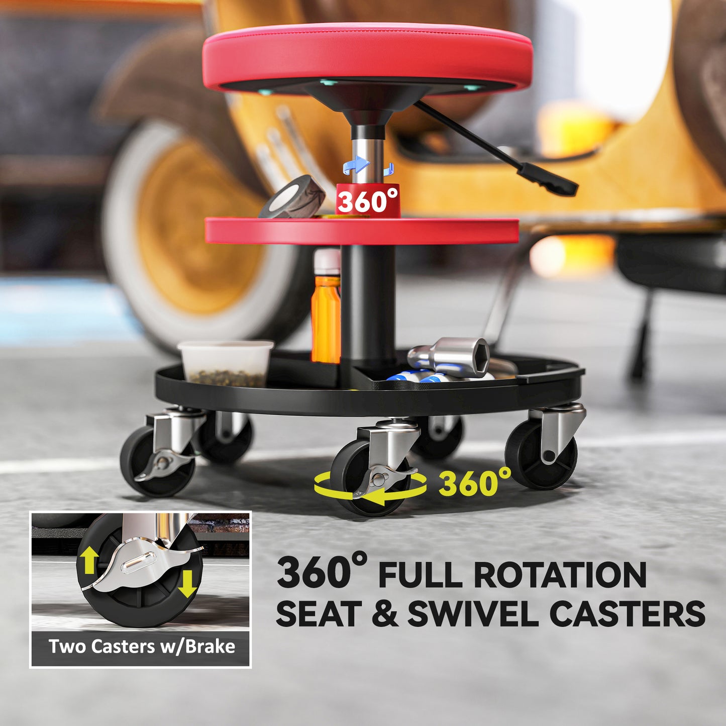 Rolling Mechanic Stool, 135kg Capacity Workshop Stool, Red