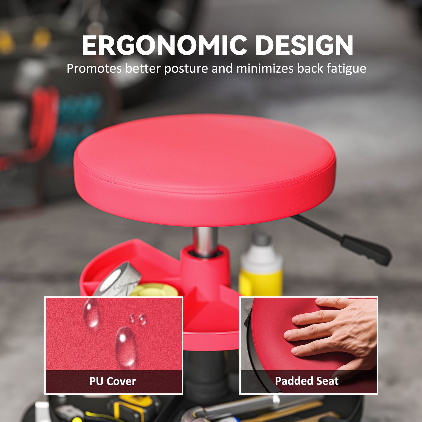 Rolling Mechanic Stool, 135kg Capacity Workshop Stool, Red
