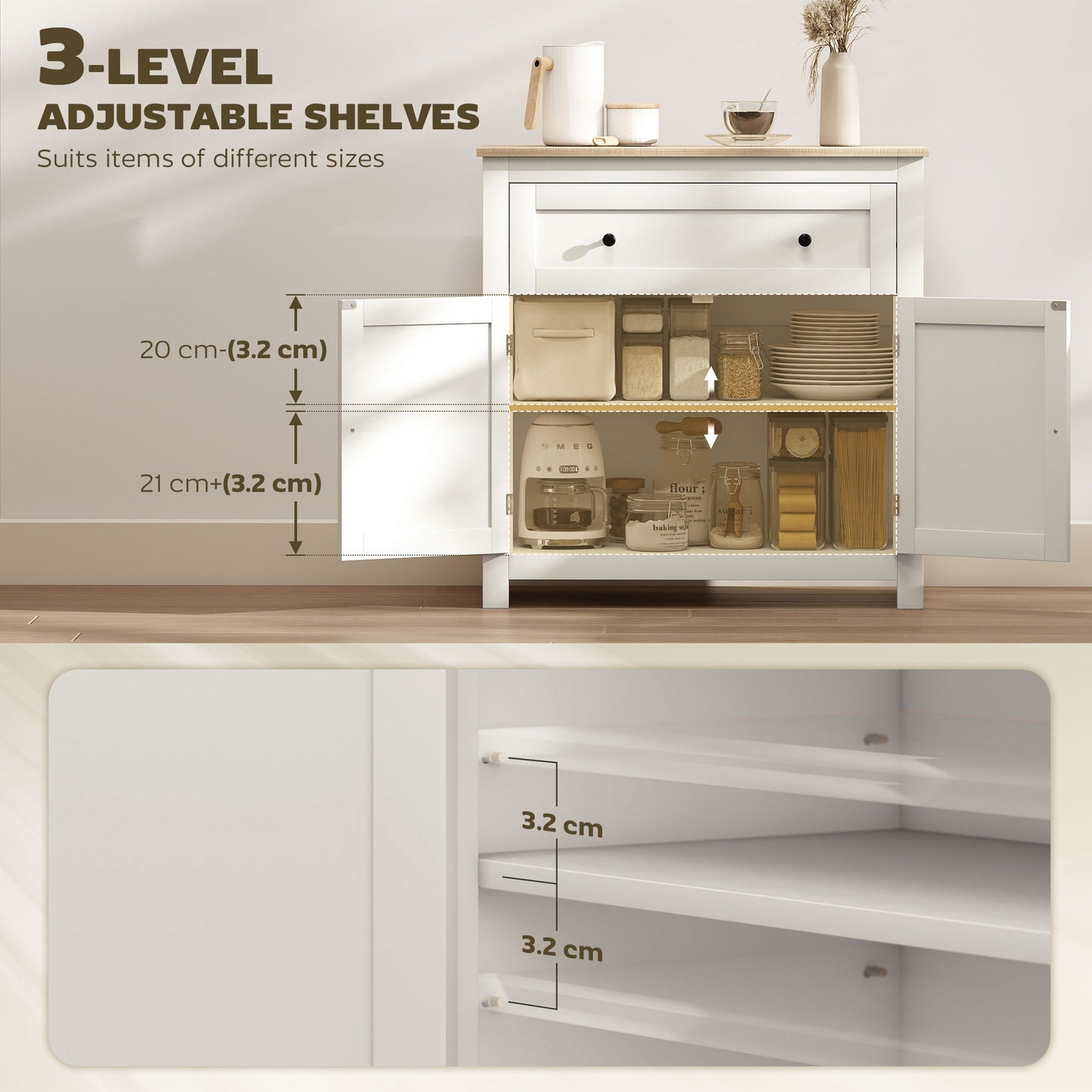 Sideboard, Kitchen Storage Cabinet w/ Adjustable Shelf, Drawer, Cream