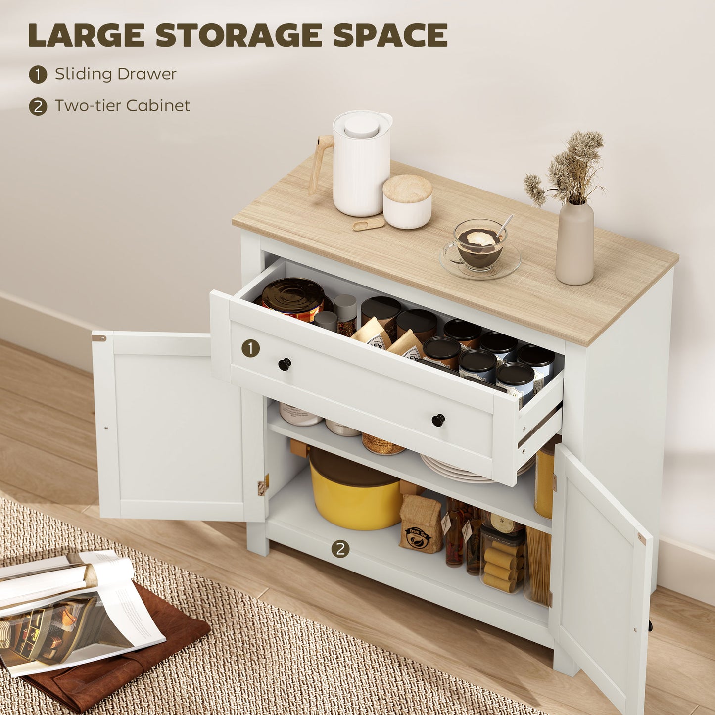 Sideboard, Kitchen Storage Cabinet w/ Adjustable Shelf, Drawer, Cream