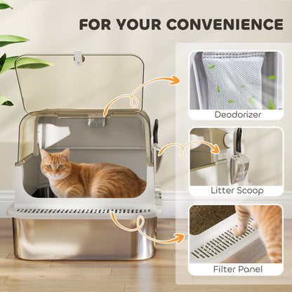 XXL Stainless Steel Litter Tray, Enclosed Cat Litter Box w/ Cover