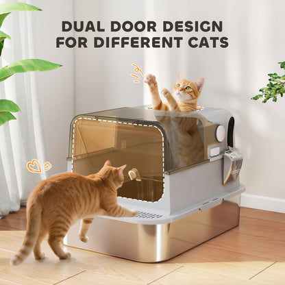 XXL Stainless Steel Litter Tray, Enclosed Cat Litter Box w/ Cover