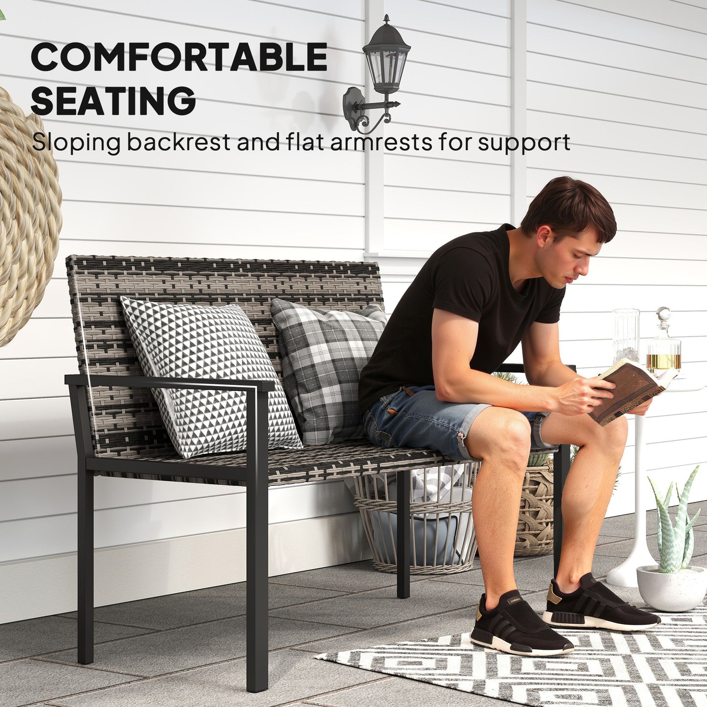 Rattan Garden Bench Loveseat with Quick-Drying Padding, Mixed Grey