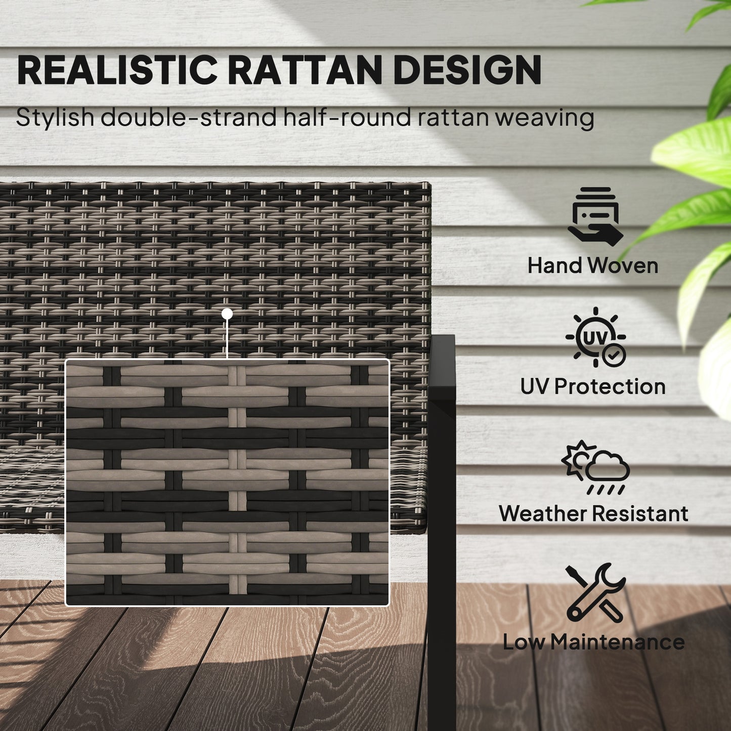 Rattan Garden Bench Loveseat with Quick-Drying Padding, Mixed Grey