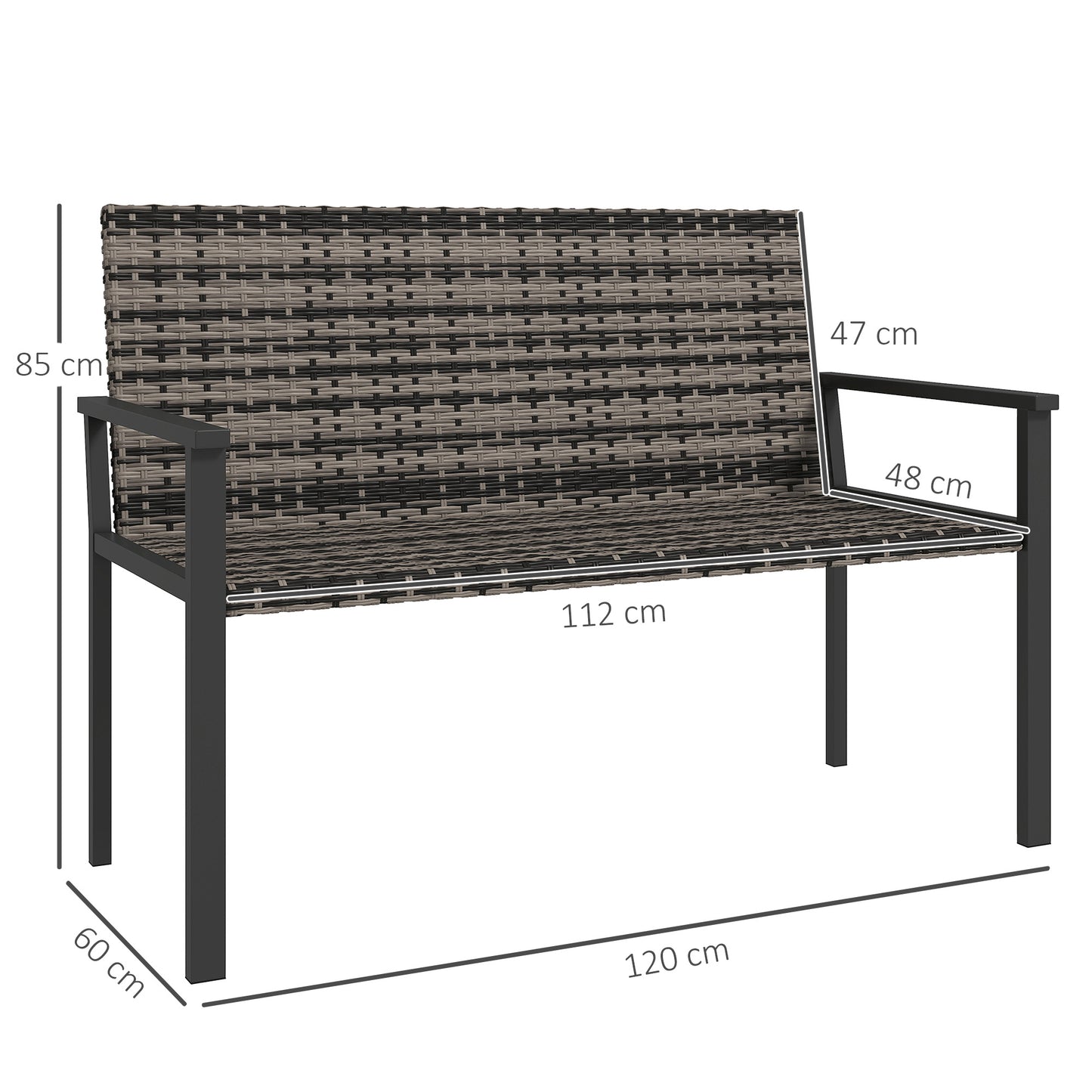 Rattan Garden Bench Loveseat with Quick-Drying Padding, Mixed Grey