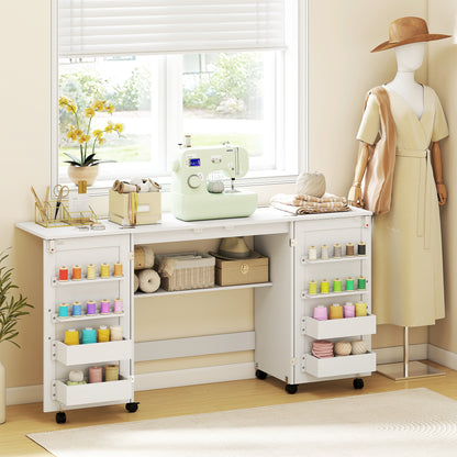 Folding Sewing Table with 2 Magnetic Doors, Rolling Craft Table with 4 Bins, 20 Pegs, Storage Shelf, Lockable Wheels, Space Saving Drop Leaf Sewing Machine Table for Small Spaces, White